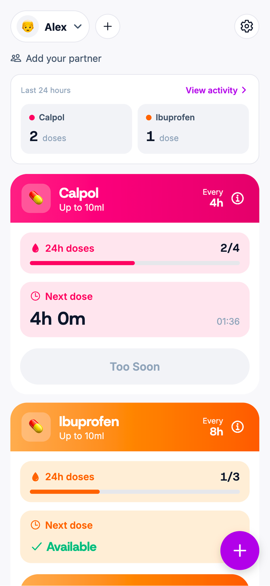 Dosey home screen showing Calpol and Ibuprofen with the time until the next dose.