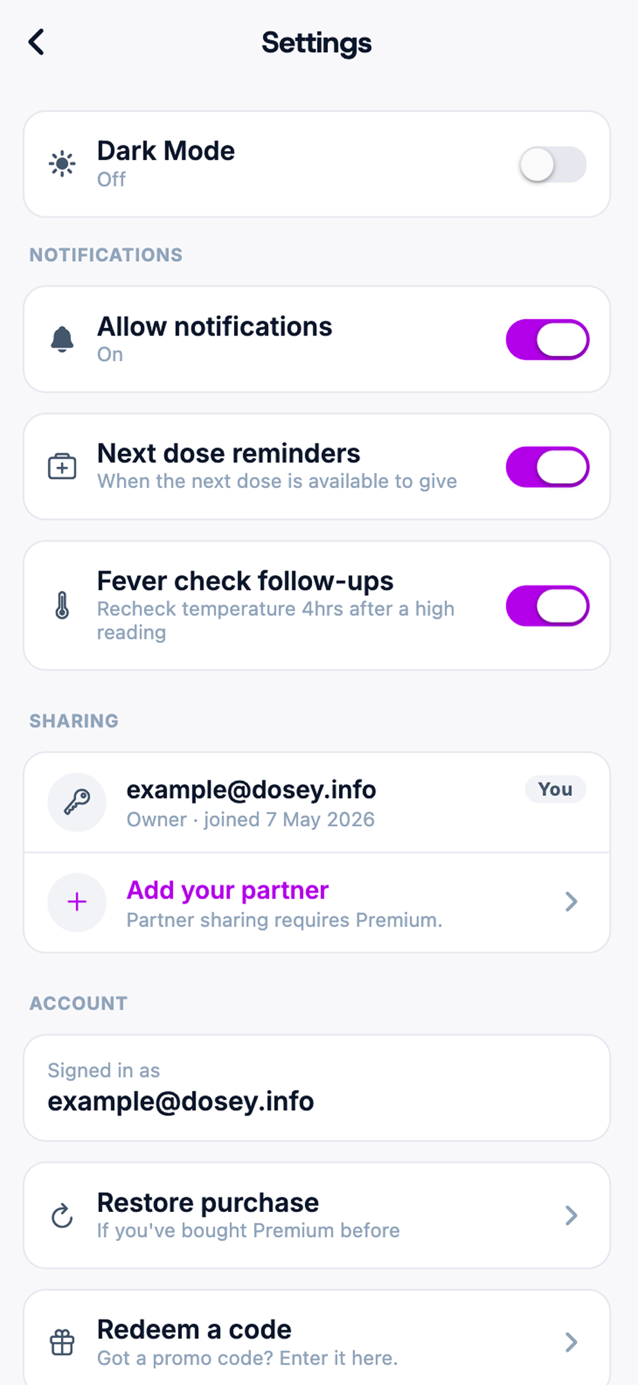 The settings screen with toggles for notifications, dark mode, and partner sharing.