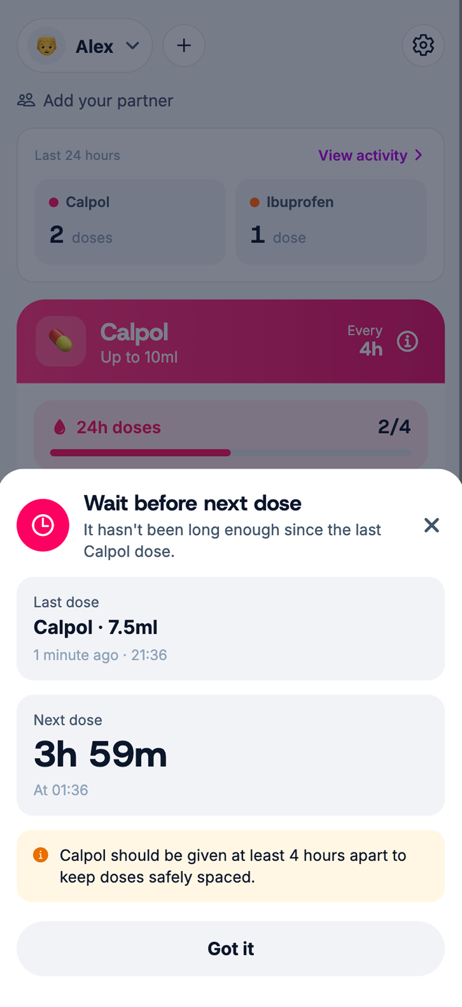 A drawer showing the time until the next Calpol dose, with the message 'Wait before next dose'.